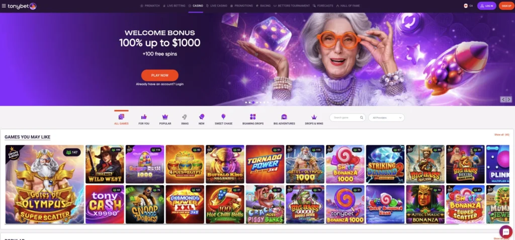 TonyBet Casino Interface